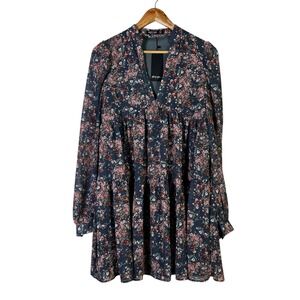 NWT Nasty Gal Floral Print Tiered Mini Dress Long Sleeve V Neck Navy Pink